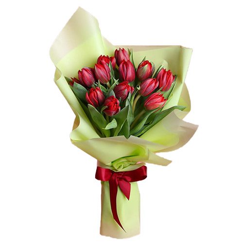 Фото товара 15 красных тюльпанов в зелёной упаковке в Черноморске