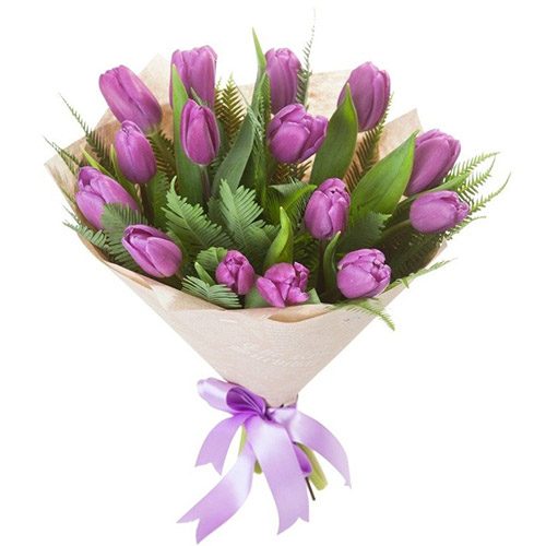 Фото товара 15 фиолетовых тюльпанов с декором в Черноморске