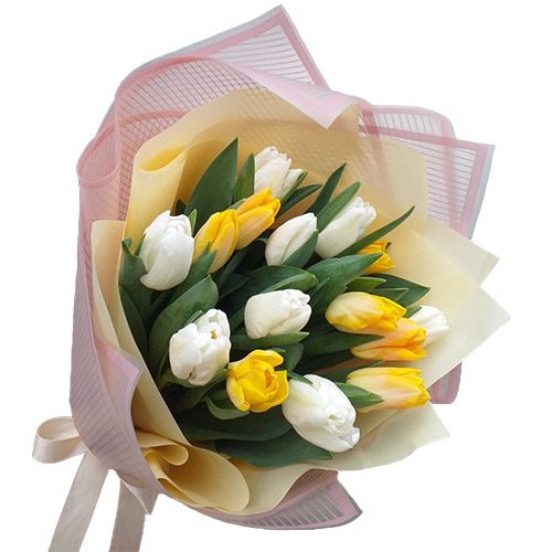 Фото товара 15 бело-жёлтых тюльпанов в Черноморске