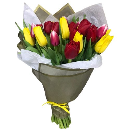 Фото товара 21 красно-жёлтый тюльпан в двойной упаковке в Черноморске