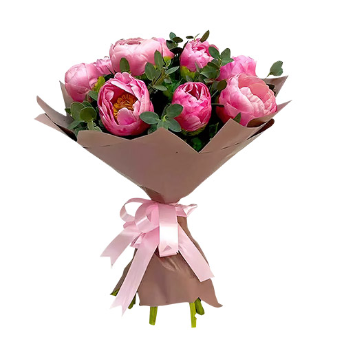 Фото товара 9 розовых пионов с зеленью в крафт в Черноморске