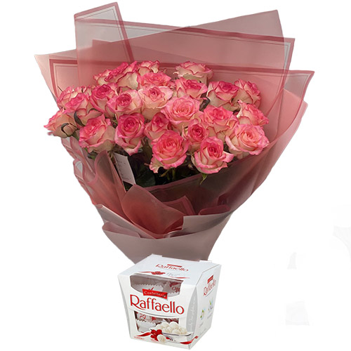 Фото товара 25 рожевих троянд із цукерками в Черноморске